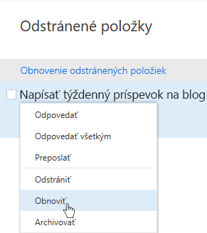 Snímka obrazovky s ponukou na obnovenie odstránených položiek