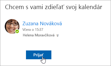 Snímka obrazovky s tlačidlom Prijať v e-mailovom oznámení zdieľaného kalendára.