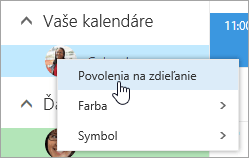 Snímka obrazovky s kontextovou ponukou pre položku Váš kalendár s vybratou položkou Povolenia na zdieľanie.