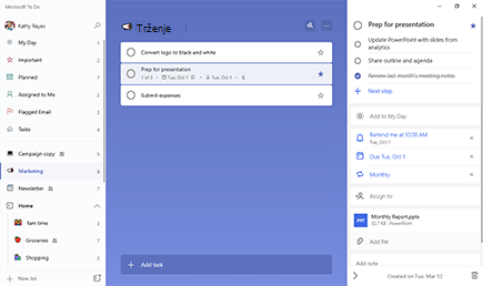Odprt je seznam za trženje z izbrano pripravo opravila za predstavitev. Detail view is open with three steps and repeating due date and reminder added. Mesečni Report.pptx je priložena datoteka.