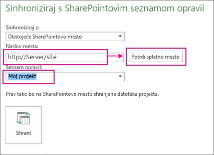 Shrani projekt v program SharePoint