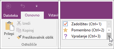 Posnetek zaslona seznama oznak v programu OneNote 2016.