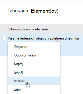 Posnetek zaslona, ki prikazuje gumb za obnavljanje izbrisanih elementov