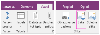 Posnetek zaslona gumba za vstavitev slik v programu OneNote 2016.