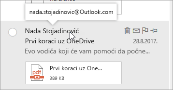 Snimak ekrana kursora koji se drži iznad imena pošiljaoca