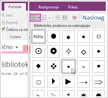 Snimak ekrana dodavanja znakova za nabrajanje na stranicu u programu OneNote 2016.