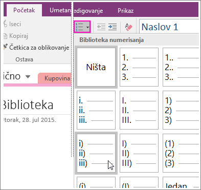 Snimak ekrana dodavanja numerisanja stranice u programu OneNote 2016.