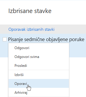 Snimak ekrana koji prikazuje meni „Oporavak izbrisanih stavki“