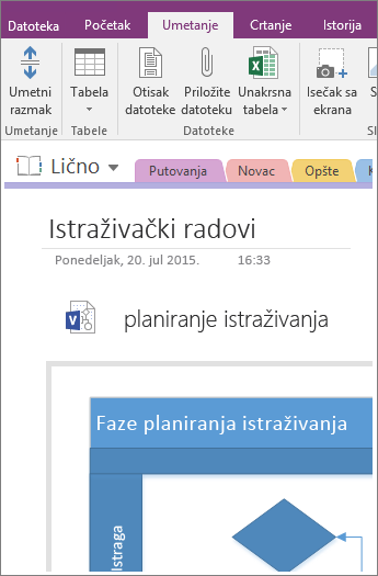 Snimak ekrana načina dodavanja postojećeg Visio dijagrama u OneNote 2016.