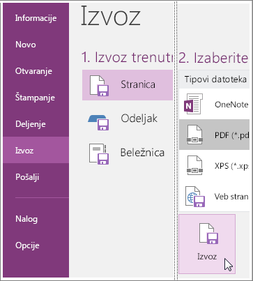 Snimak ekrana koji prikazuje kako se izvozi stranica sa beleškama u programu OneNote 2016.