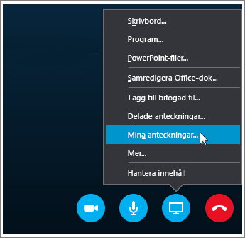 Skärmbild av hur du delar anteckningar från OneNote 2016 i Skype för företag.