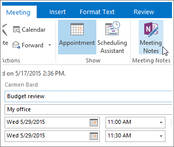 Skärmbild av OneNote-knappen Mötesanteckningar i Outlook.