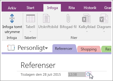 Skärmbild av hur du ändrar tidsstämpeln på en sida i OneNote 2016.