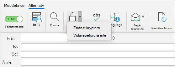 Visar knappen Kryptera i ett e-postmeddelande