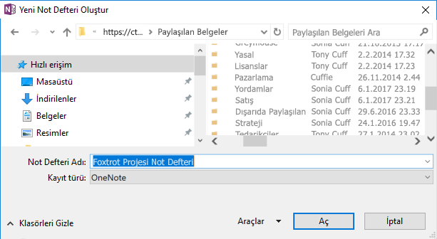 Windows 2016 için OneNote Yeni Not Defteri İletişimi oluşturma