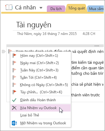 Ảnh chụp màn hình về cách xóa tác vụ Outlook trong OneNote 2016.