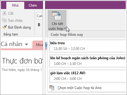 Ảnh chụp màn hình của nút Chi tiết Cuộc họp trong OneNote 2016.