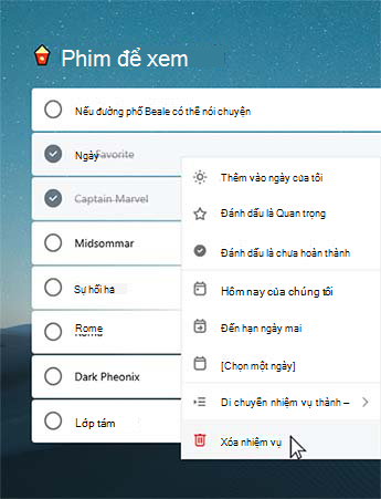 Trong phim để xem danh sách hai nhiệm vụ đã hoàn thành được chọn. Menu ngữ cảnh được mở với tùy chọn xóa nhiệm vụ được chọn