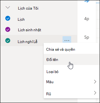 Ảnh chụp màn hình menu ngữ cảnh lịch với với Đổi tên được chọn