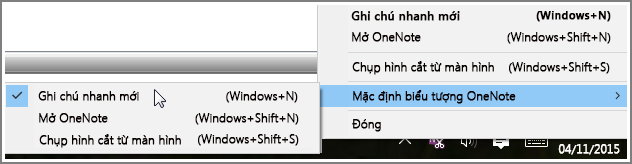 Ảnh chụp màn hình khay hệ thống với tùy chọn OneNote.
