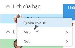 Ảnh chụp màn hình menu ngữ cảnh cho Lịch của Bạn, với quyền Chia sẻ được chọn.