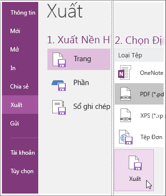 Ảnh chụp màn hình về cách xuất trang ghi chú trong OneNote 2016.