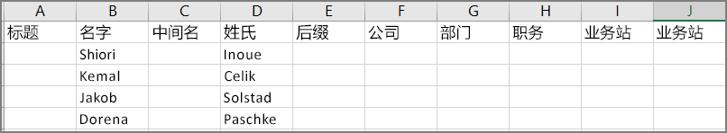 从 Outlook 导出联系人后 csv 文件的外观的示例