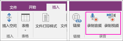 OneNote 2016 中带 AV 按钮的“插入”菜单的屏幕截图。