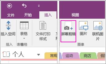 OneNote 2016 中的“插入屏幕剪辑”按钮的屏幕截图