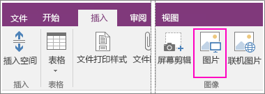 OneNote 2016 中的“插入图片”按钮的屏幕截图。