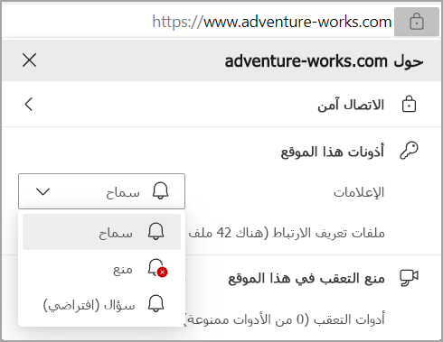 صورة تعرض أذونات الإعلامات في شريط عناوين المستعرض Edge.