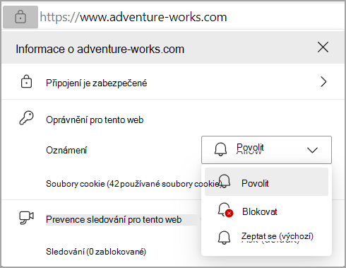 Obrázek znázorňující oprávnění oznámení v adresním řádku prohlížeče Edge.
