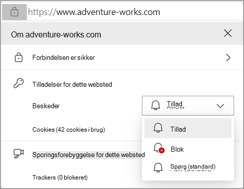 Billede, der viser meddelelsestilladelserne i Edge-browserens adresselinje.