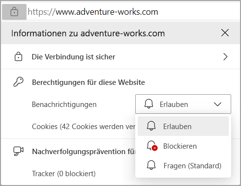 Bild, das die Benachrichtigungsberechtigungen in der Adressleiste des Browsers von Edge zeigt.