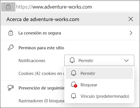 Imagen que muestra los permisos de notificaciones en la barra de direcciones del explorador de Edge.