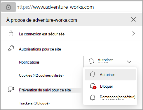 Image montrant les autorisations de Notifications dans la barre d’adresses du navigateur Edge.