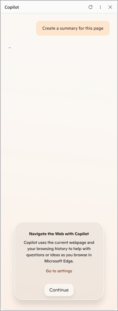 Poruka o pristanku za podatke tvrtke Copilot u pregledniku Microsoft Edge