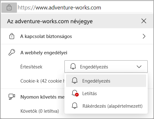 Az Edge böngésző címsorában található értesítések engedélyeit ábrázoló kép.