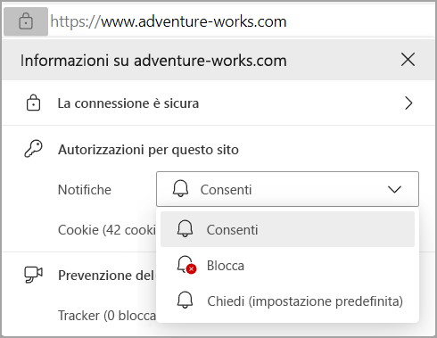 Immagine che mostra le autorizzazioni per le notifiche nella barra degli indirizzi del browser di Edge.