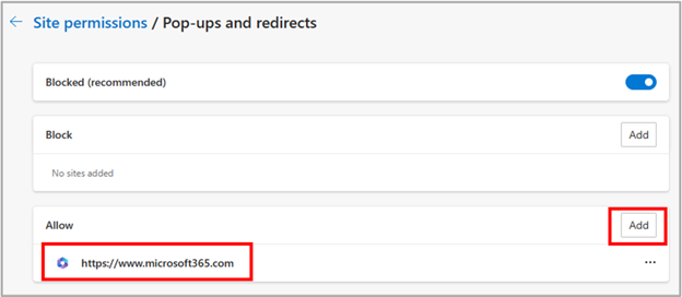Microsoft Edge의 사이트 사용 권한에서 팝업 및 리디렉션에 대한 허용 목록에 www.microsoft365.com 추가하는 방법입니다.