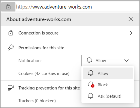 Image showing the Notifications permissions in Edge's browser address bar. 