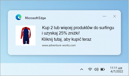 Przykład powiadomienia witryny internetowej w Centrum powiadomień.