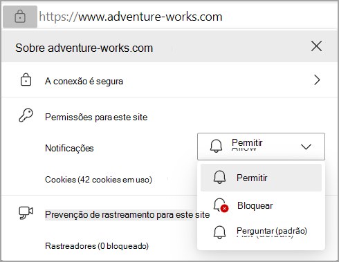 Imagem mostrando as permissões de notificações na barra de endereços do navegador do Edge.