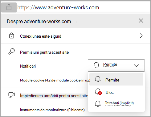 Imagine afișând permisiunile Notificări în bara de adrese a browserului Edge.