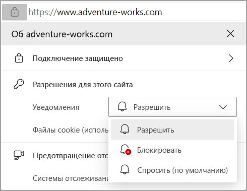 Изображение, показывающее разрешения для уведомлений в адресной строке браузера Edge.