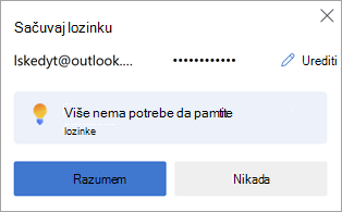 Odziv u programu Microsoft Edge za čuvanje lozinke veb lokacije za kasniju upotrebu.