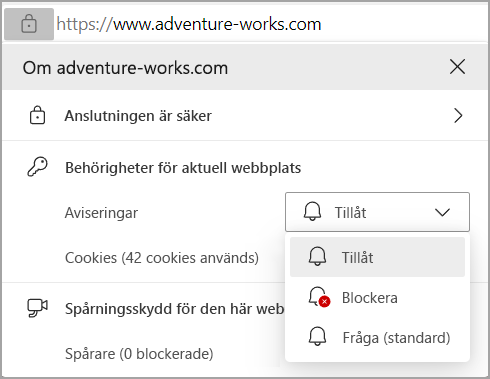 Bild som visar aviseringsbehörigheterna i adressfältet av Edge-webbläsaren.