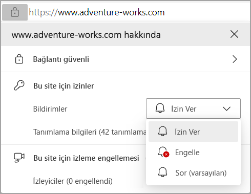 Edge'in tarayıcı adres çubuğunda Bildirimler izinlerini gösteren resim.