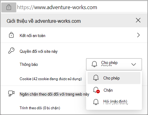 Hình ảnh hiển thị quyền Thông báo trong thanh địa chỉ trình duyệt của Edge.