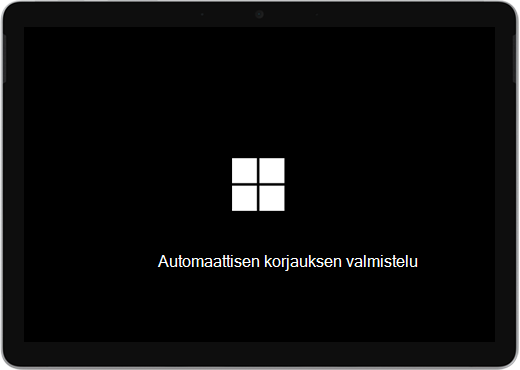 Musta näyttö, jossa on Windows-logo ja teksti, jossa lukee "Valmistellaan automaattista korjausta."